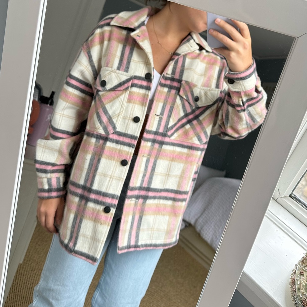 SOLD Zara Plaid Shaket Size Small Pink and Cream